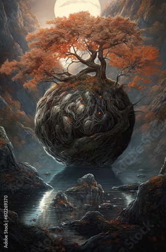 illustration, a highly detailed magical orb sitting on top of a root growth, generative ai