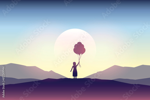 little girl with balloons silhouette at sunset childhood dreams vector illustration EPS10