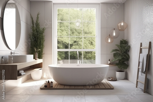 Upgrade your bathroom to a stylish and functional space with a sleek freestanding bathtub and elegant accessories. AI Generative.