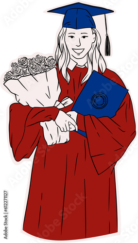 Hand Drawn Lined Woman Wearing Graduation Toga Gown Suit Clothing Outfit Sticker Illustration