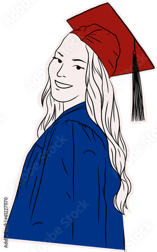 Hand Drawn Lined Woman Wearing Graduation Toga Gown Suit Clothing Outfit Sticker Illustration