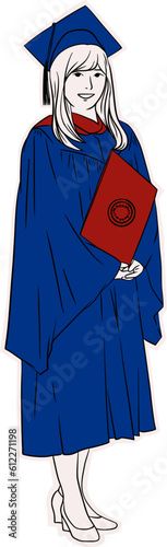 Hand Drawn Lined Woman Wearing Graduation Toga Gown Suit Clothing Outfit Sticker Illustration