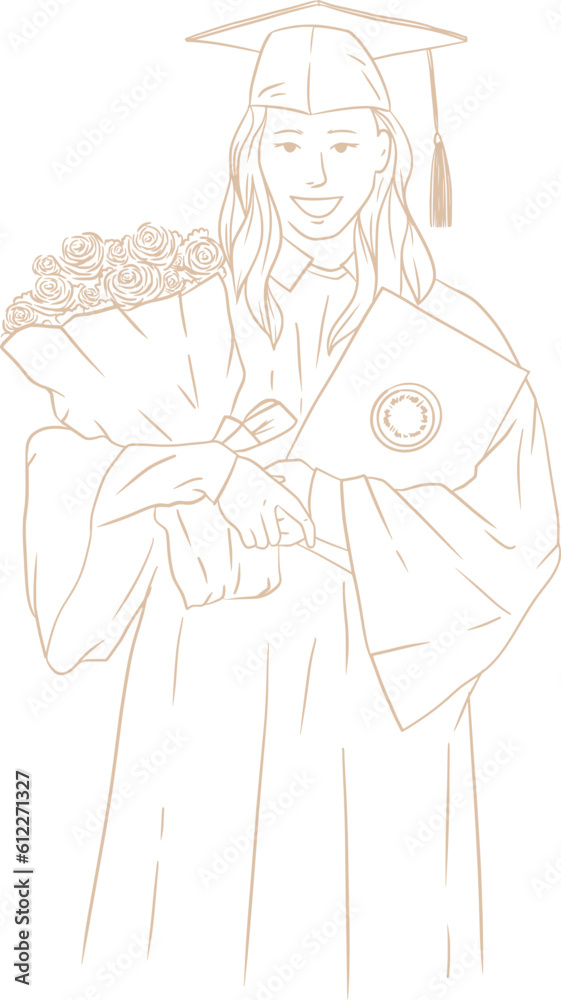 Naklejka premium Hand Drawn Woman Wearing Graduation Toga Gown Suit Clothing Outfit Line Art Illustration