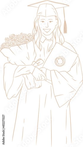 Hand Drawn Woman Wearing Graduation Toga Gown Suit Clothing Outfit Line Art Illustration
