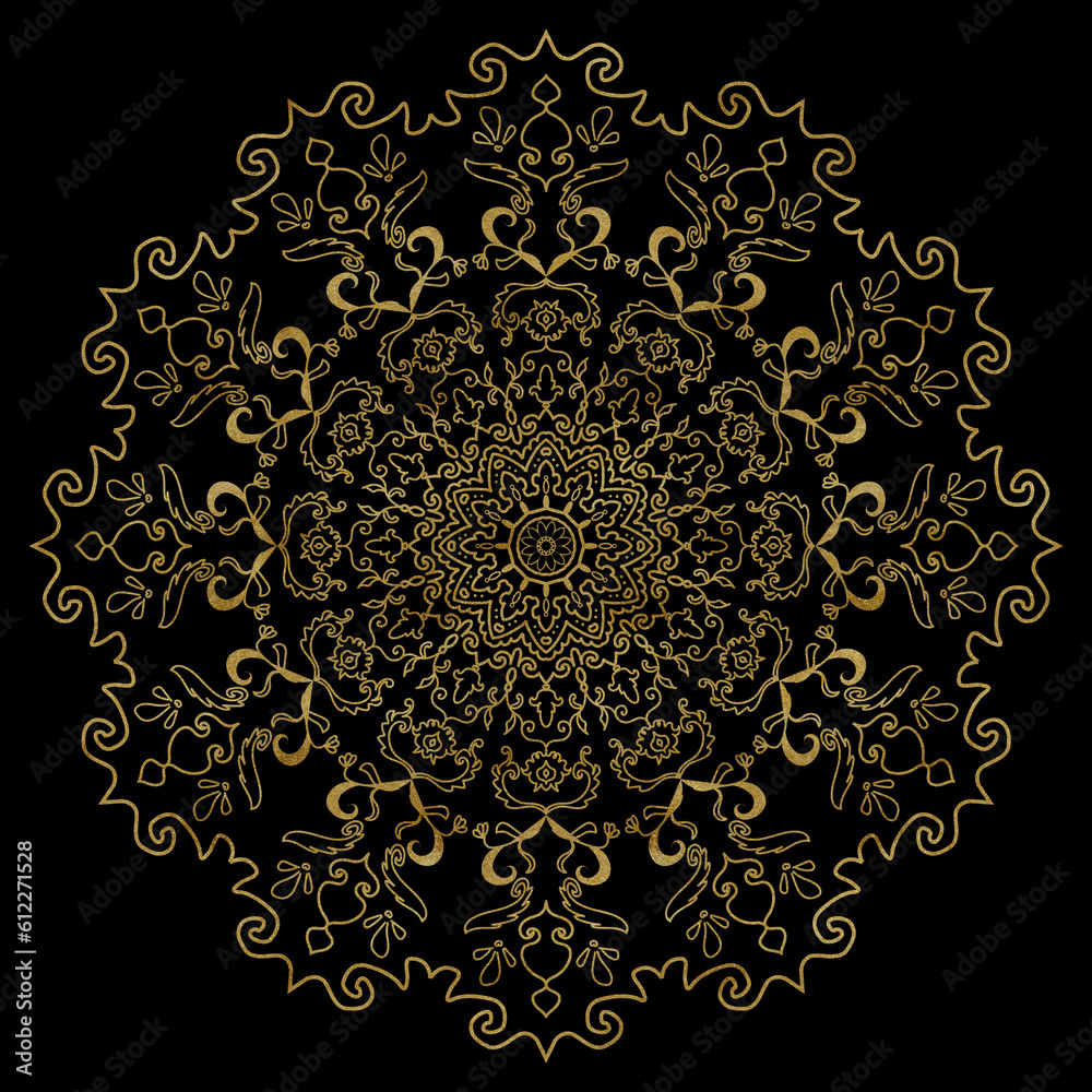 Hand-drawn watercolor mandala with golden texture. Can be used for printing, textile, web of other design. Beautiful lace element. Two options - on white and transparent background.