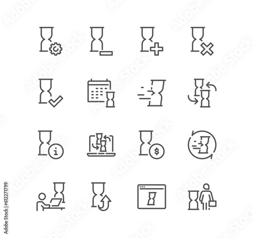 Set of sand watch related icons, waiting, costs, time period, measurement, countdown and linear variety vectors.