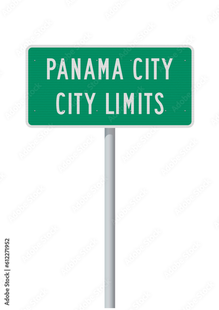 Vector illustration of the Panama City (Florida) City Limits green road sign on metallic posts