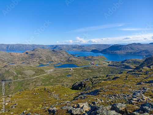 Fototapeta Naklejka Na Ścianę i Meble -  The landscape view of nature of Mageroya Island and Risfjorden from Rishamntind Mountain, Finnmark, Norway