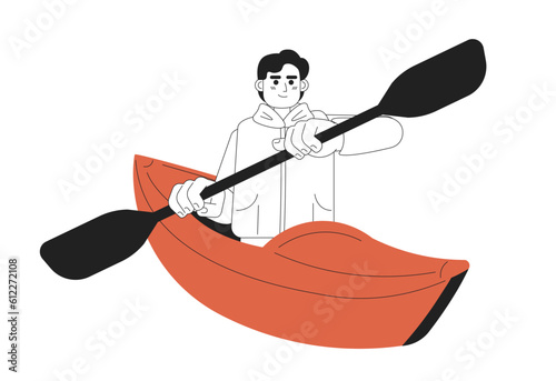 Young caucasian man paddling kayak monochromatic flat vector character. Canoeing, water sports. Editable thin line full body person on white. Simple bw cartoon spot image for web graphic design