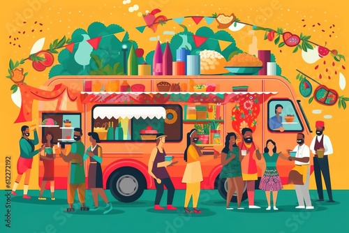 A colorful food truck at a busy summer festival, serving a variety of ethnic foods to customers, showcasing the trend of food trucks and outdoor events © EOL STUDIOS