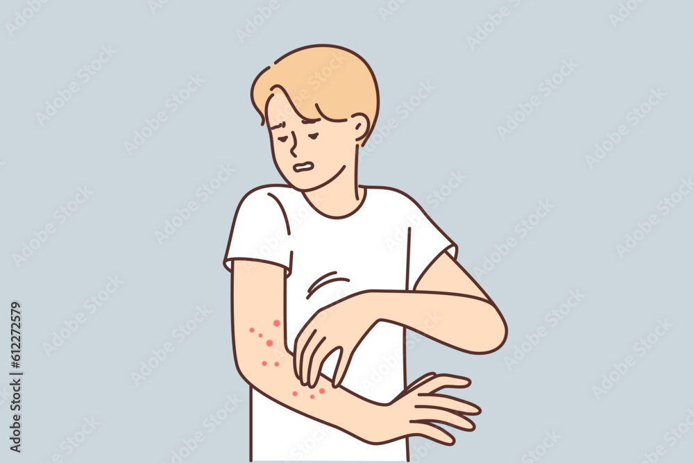 Man with rash on arm suffers from itching and eczema caused by infection that affects skin Man with rash on arm suffers from itching and eczema caused by infection that affects skin