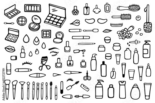 Make-up, beauty routine set, doodle style. Vector collection of hand drawn elements: eyeshadow; palette; bottle; brush; lotion; mascara; pencil, lipstick; sponge; cream; moisturizer and others.