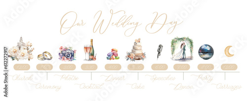 Wedding Timeline menu on wedding day. Our wedding day calligraphy inscription with watercolor illustration.