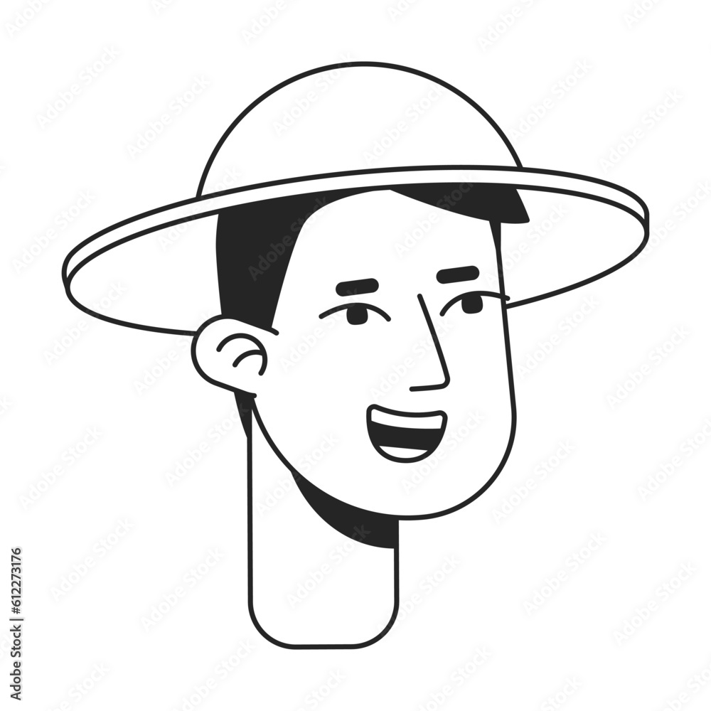 Eager happy young man wearing tourist hat monochrome flat linear character head. Male traveller. Editable outline hand drawn human face icon. 2D cartoon spot vector avatar illustration for animation