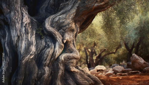 Recreation artistic of a trunk of a centenary olive in a olive grove. Illustration AI