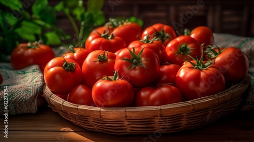 tomatoes piled up in a rustic wooden basket, with vibrant red and green hues