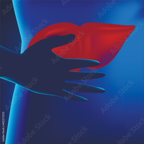 Man hold on to the liver. Glowing blue illustration. Vector illustration