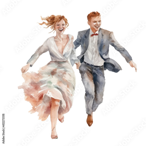 Watercolor illustration of newlyweds bride and groom happy running holding hands.