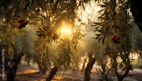 Recreation artistic of asunset between olives with olives hanging in a olive grove. Illustration AI photo