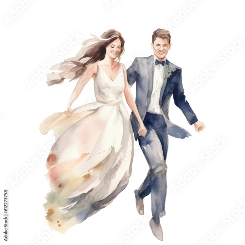 Watercolor illustration of newlyweds bride and groom happy running holding hands.