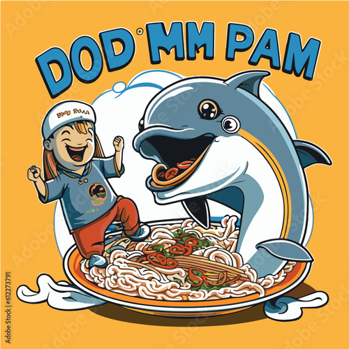 happy Dolphin eating Chow Mein, Dolphin character, artistic, print design, for t-shirt and case
