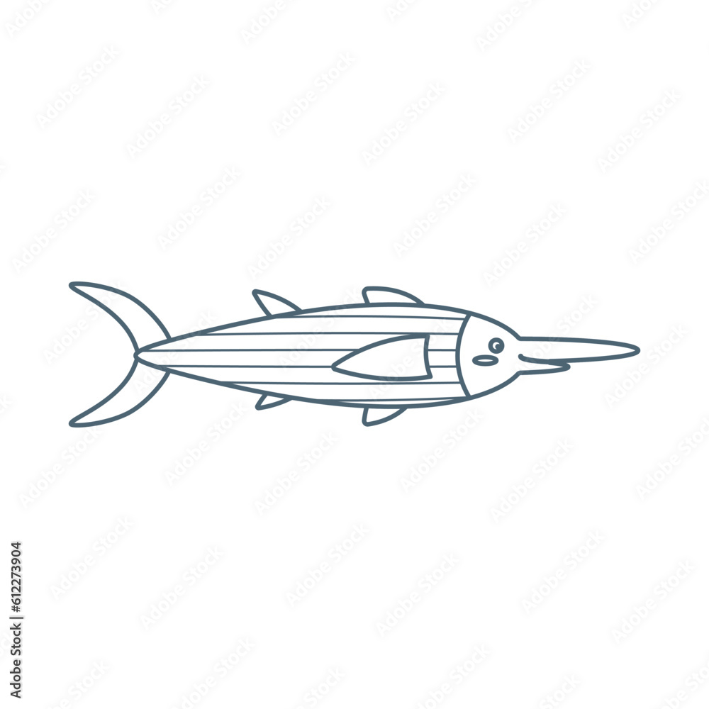 Swordfish, sea animal. An inhabitant of the sea world, a cute underwater creature. Line art.