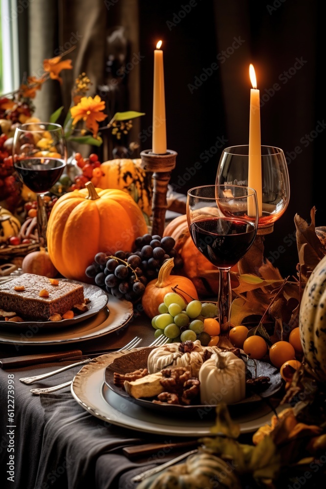 A festive autumn dinner table setting with pumpkins, candles, and fall foliage, ready for a Thanksgiving feast