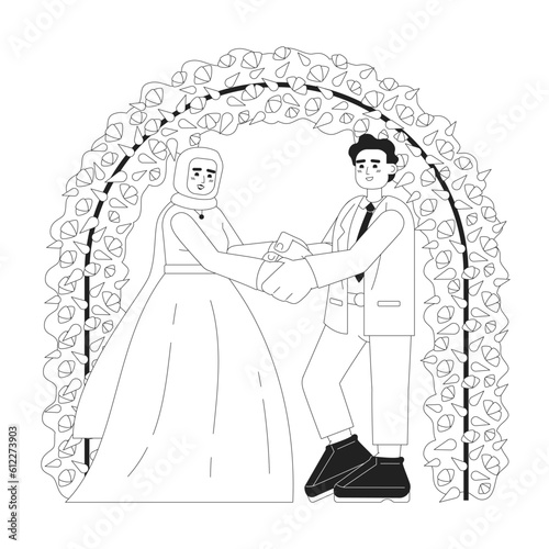 Malay wedding monochrome concept vector spot illustration. Bridal hijab woman and bridegroom 2D flat bw cartoon characters for web UI design. Muslim marriage isolated editable hand drawn hero image