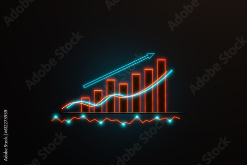 Bar graph and line moving up. Positive bar chart in orange. Business, financial figures, revenue, analyzing, growth, infographic, rising arrow, financial report.