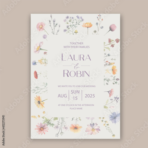 Fototapeta Garden Flowers Wedding Invitation Card Design, Wildflower Wedding Invite, Colorful Spring Floral Invitation Card