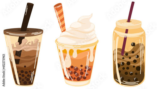 Bubble Tea or Coffee Drink. Different Cold coffee in a glass with a pipe. Asian Taiwanese drink. Summer refreshing drink. Flat Vector Illustration Isolate 