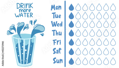 Water balance tracker. Glasses with water. Drink more water planner. flat vector illustration isolated on white background. 