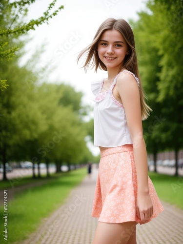 Beautiful caucasian teenager smiling happy standing at the city park. The girl wearing in top and skirt. Generative AI
