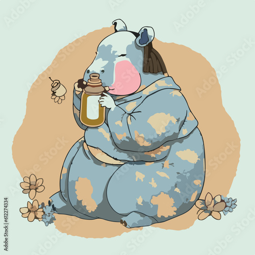 relax Hippopotamus drinking Peanut milk, Hippopotamus character, artistic, print design, for t-shirt and case
