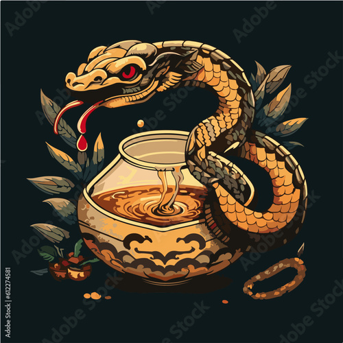 happy Rattlesnake drinking Four substance tea, Rattlesnake character, artistic, print design, for t-shirt and case
