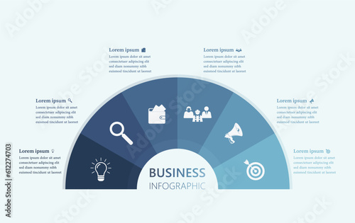 Business Infographic Template, Six Work Process Half Circle , Advertising Pie Chart Diagram Presentation photo