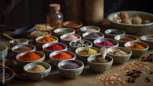 A collection of different spices and herbs  arranged in small bowls