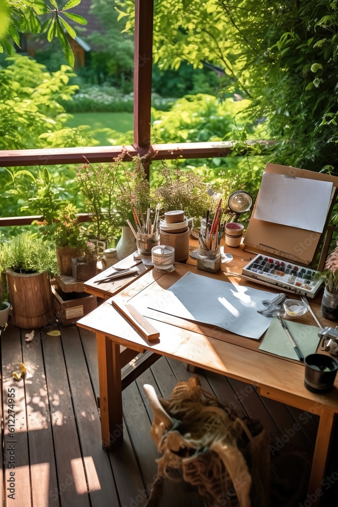  high - angle view of a creative workspace with a laptop, sketchbooks, and art supplies, set on a rustic wooden table in a sunlit garden, illustrating the trend of outdoor home offices in the summer