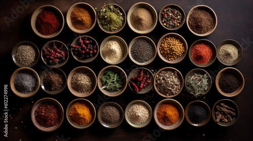 A collection of different spices and herbs, arranged in small bowls