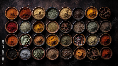 A collection of different spices and herbs, arranged in small bowls