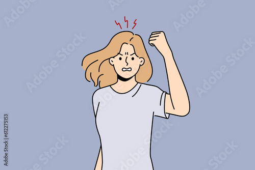 Angry woman showing fist feeling furious and enraged. Mad female showing emotions having bad unpleasant experience. Vector illustration. 