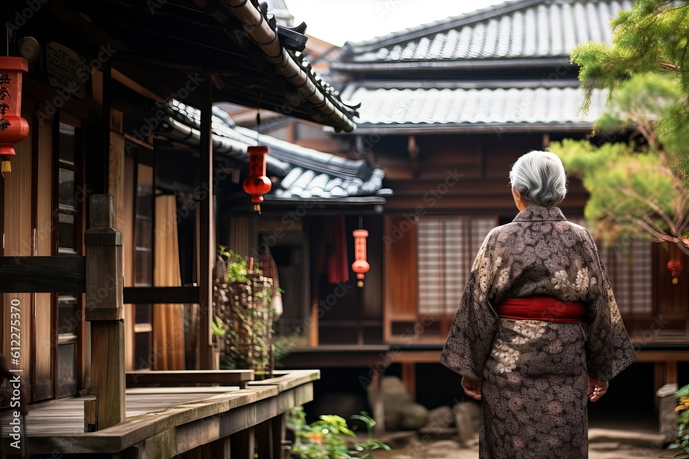Naklejka premium Old woman japanese kimono travel. Generate Ai