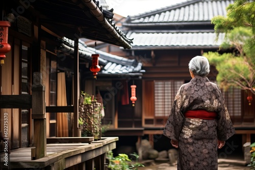 Old woman japanese kimono travel. Generate Ai