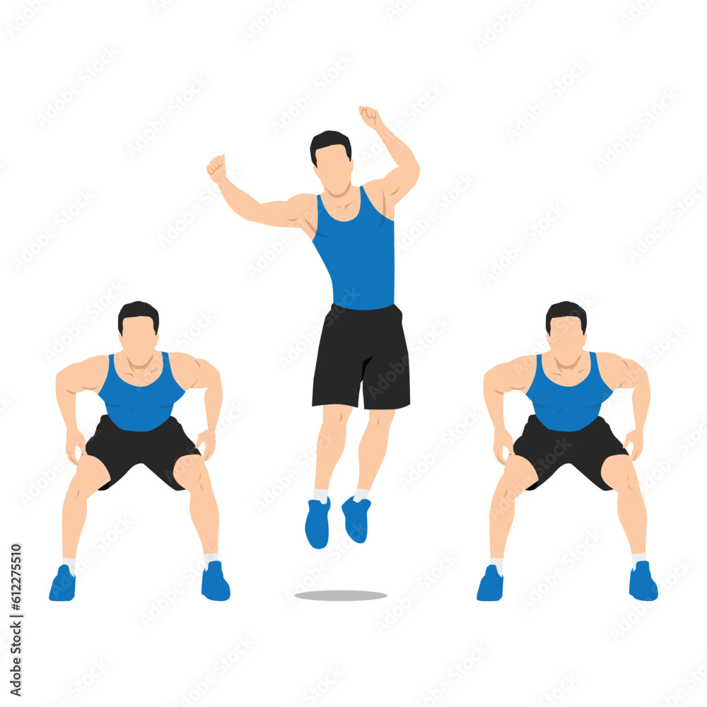 Man doing side to side jump squat exercise. Flat vector illustration isolated on white background