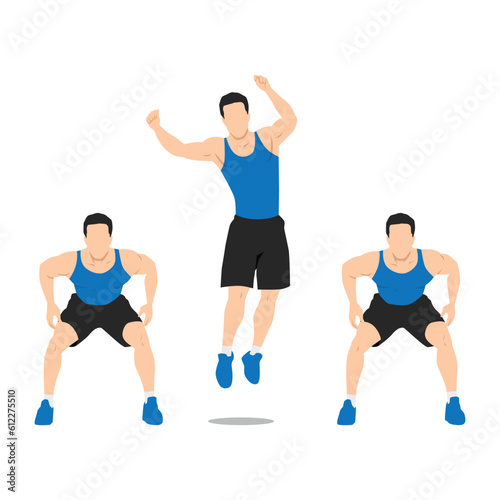 Man doing side to side jump squat exercise. Flat vector illustration isolated on white background