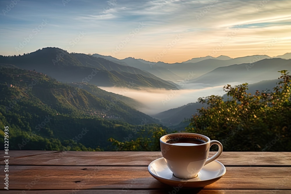 Top view serenity. Hot breakfast fresh cup of coffee on wooden table blur background Top view serenity. Hot breakfast fresh cup of coffee on wooden table blur background