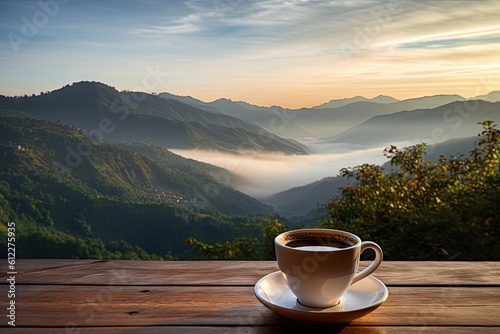 Top view serenity. Hot breakfast fresh cup of coffee on wooden table blur background