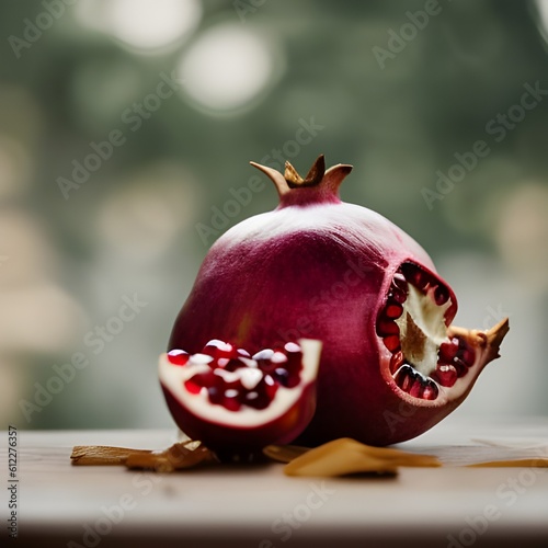 Fresh red ripe pomegranate on the table. Generative AI.