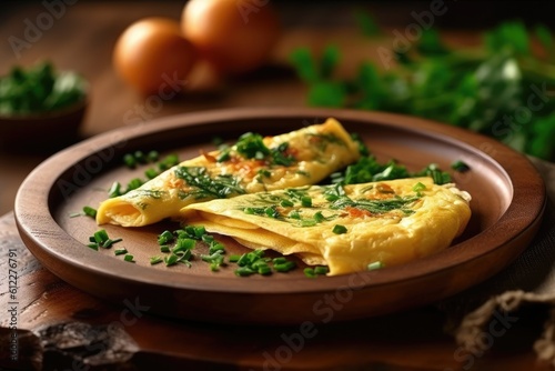 Rustic omelet on wooden plate with parsley. Generated AI