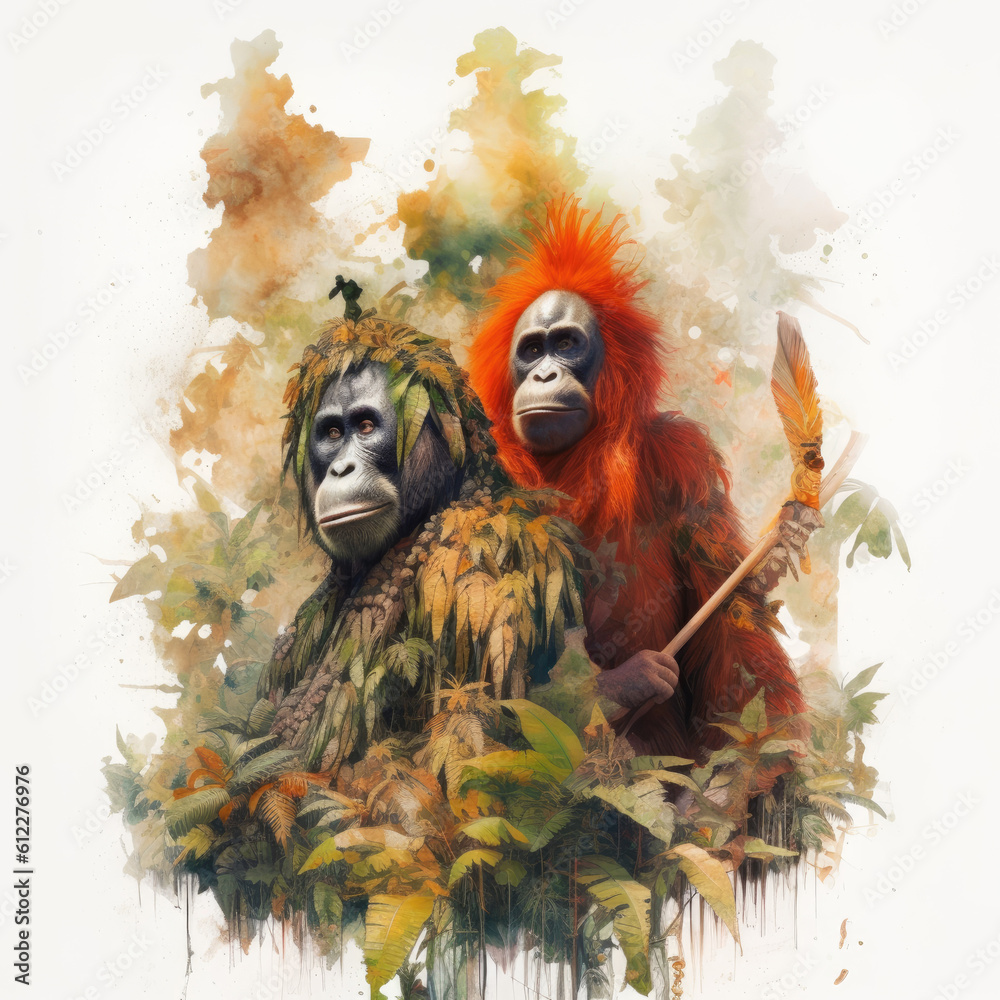 Generative ai illustration of detailed drawing illustration of a orangutan in a jungle setting. Generative ai illustration of detailed drawing illustration of a orangutan in a jungle setting.
